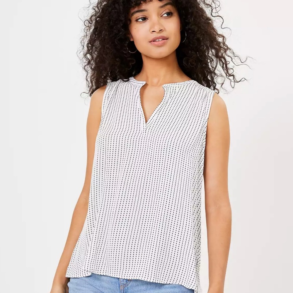 LOFT Dotted Split Neck Mixed Media Shell XL EUC